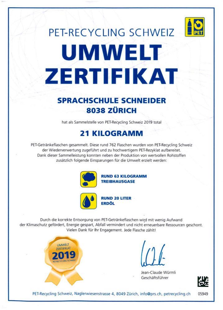 Umwelt Zertifikat Sprachschule Schneider 2019
