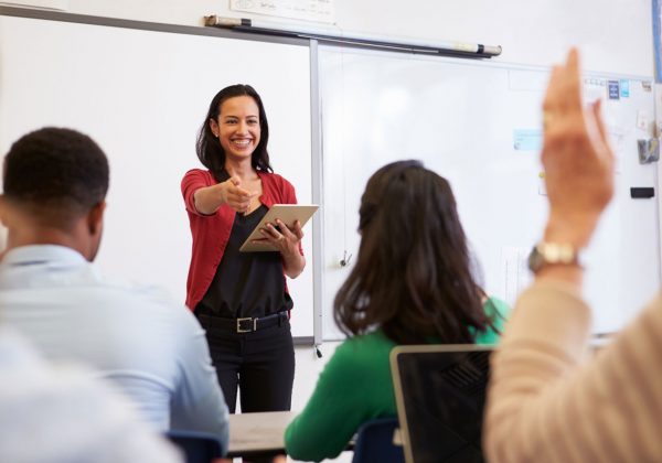 A Spanish course in a small group. The teacher is explaining at the flipchart facing and smiling at the students.